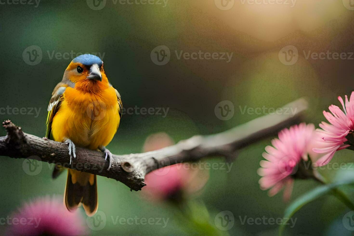 un vistoso pájaro se sienta en un rama con rosado flores generado por ai foto