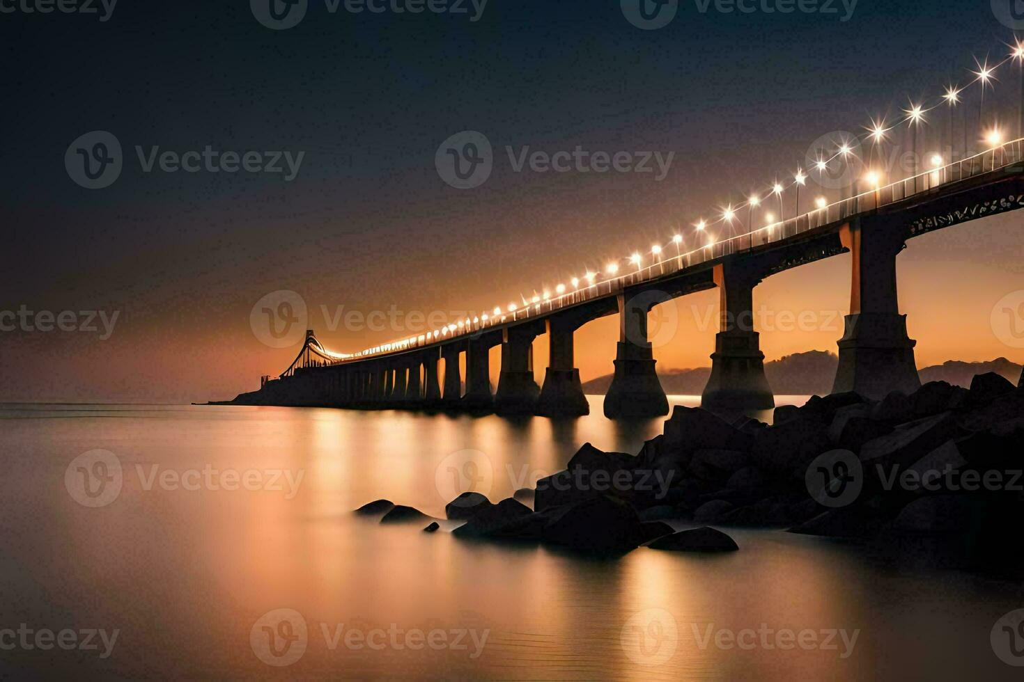 a long bridge spanning over the ocean at sunset. AI-Generated photo