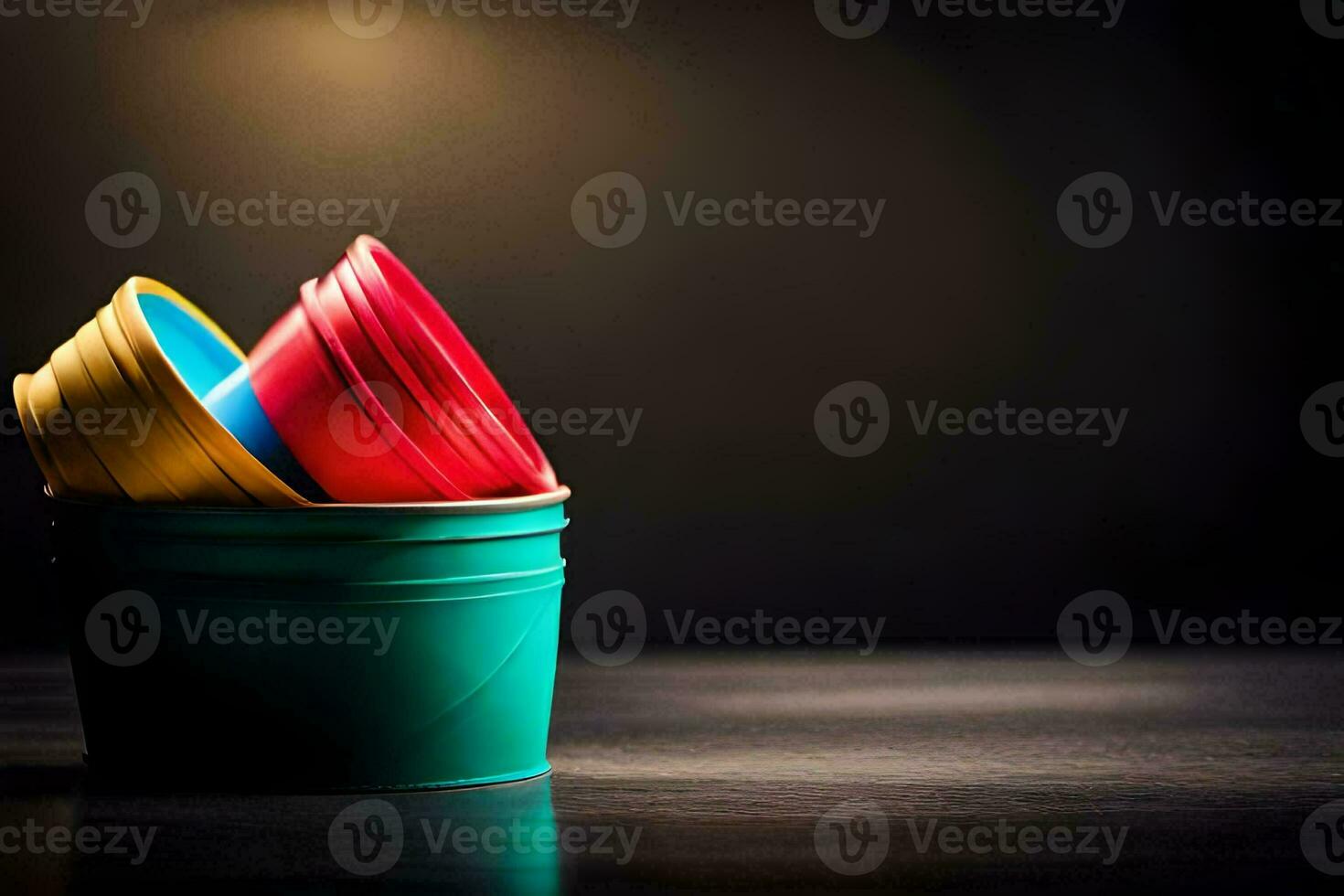 a bucket of colorful plastic cups on a dark table. AI-Generated photo