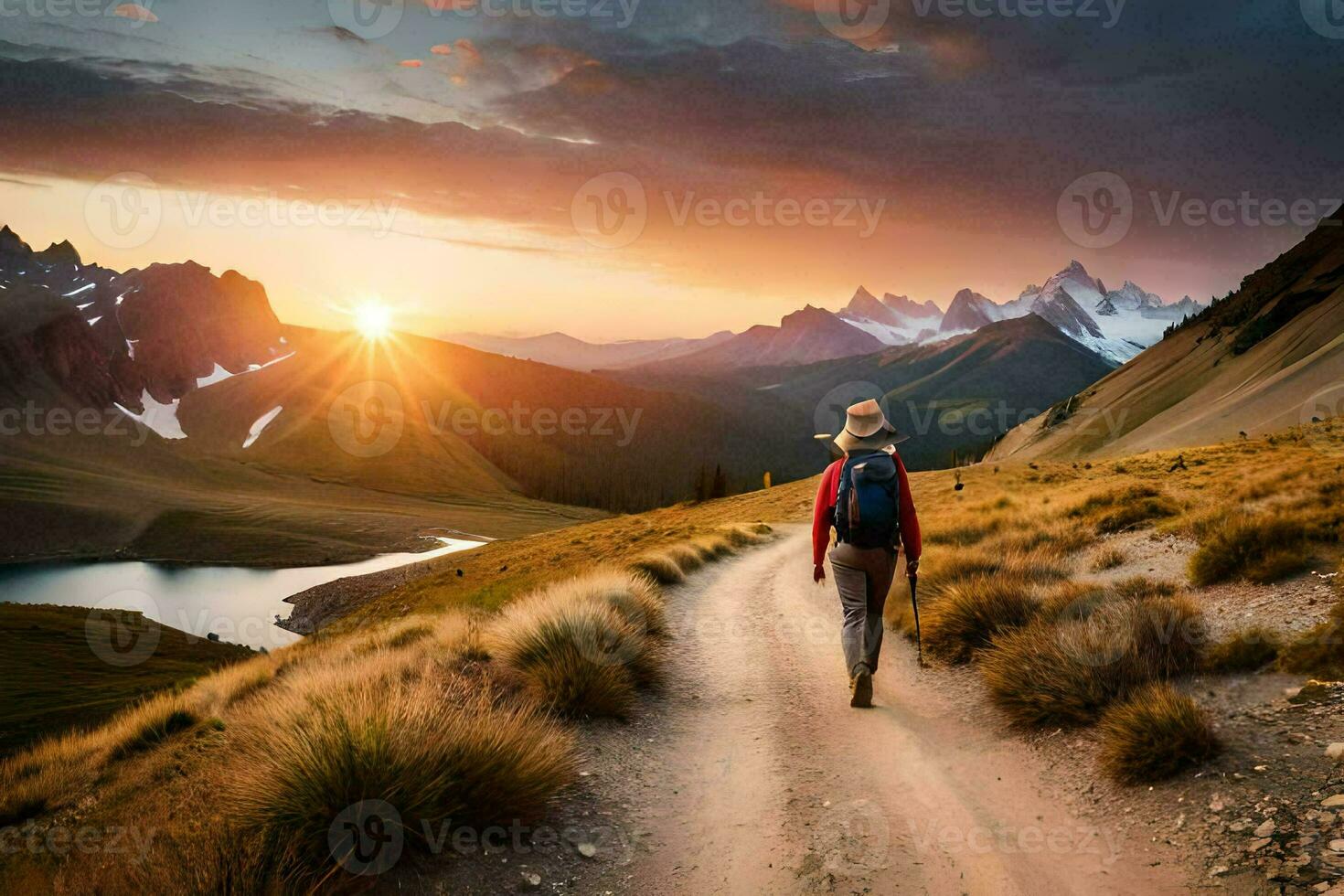 a person walking on a trail in the mountains. AI-Generated photo