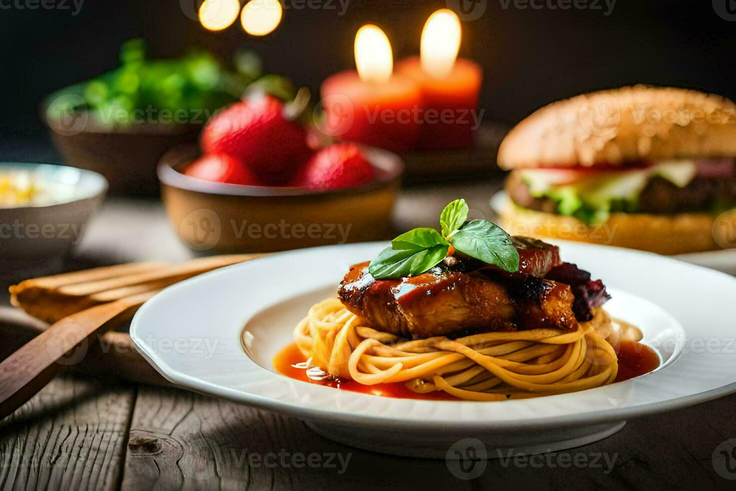 chicken and spaghetti with tomato sauce on a plate. AI-Generated photo