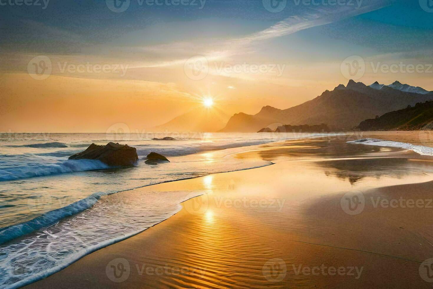 the sun rises over the ocean and mountains in this beautiful photo. AI-Generated photo