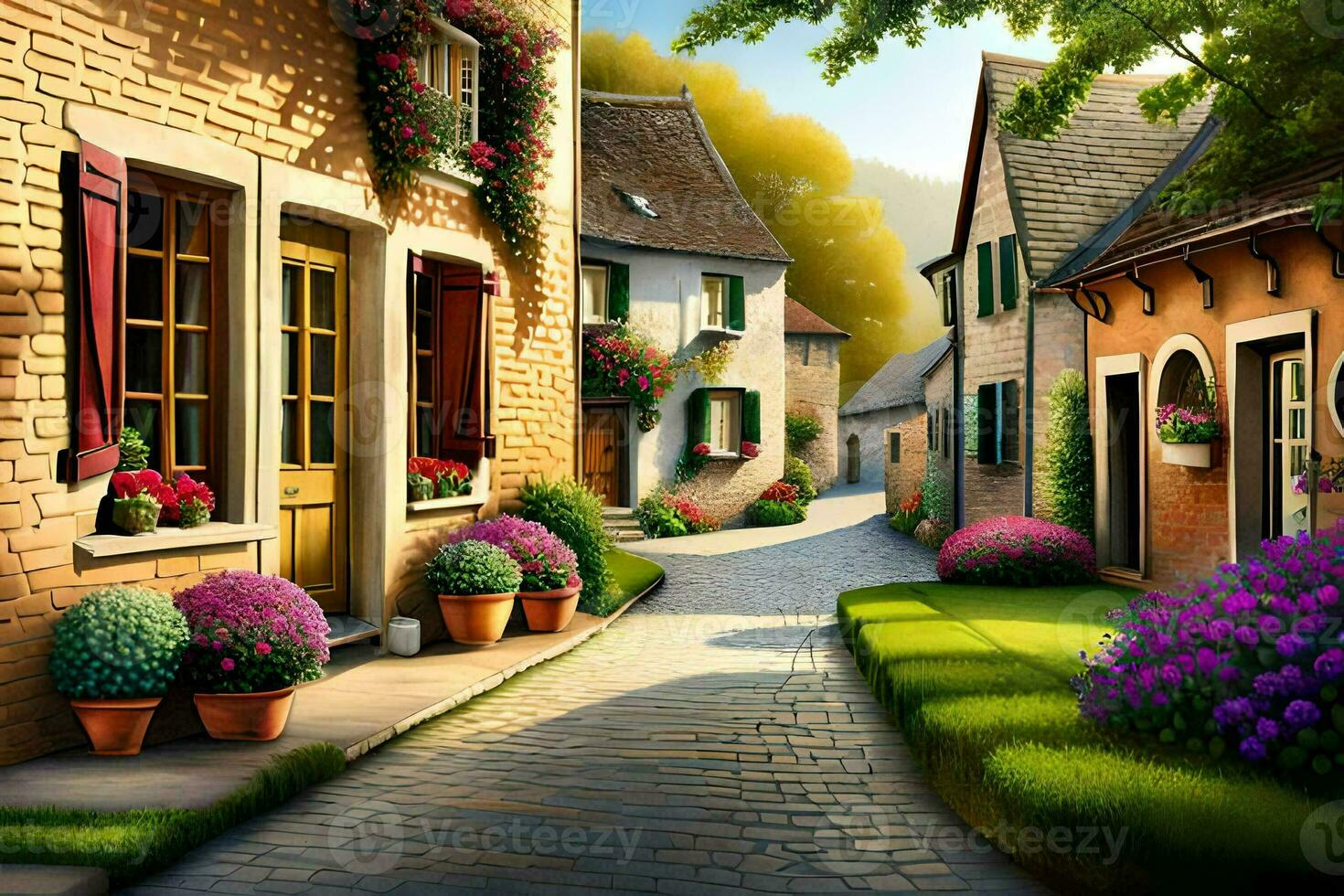 un calle con flores y un casa. generado por ai foto