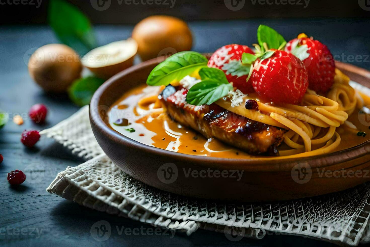 pasta with meat and strawberries in a bowl. AI-Generated photo