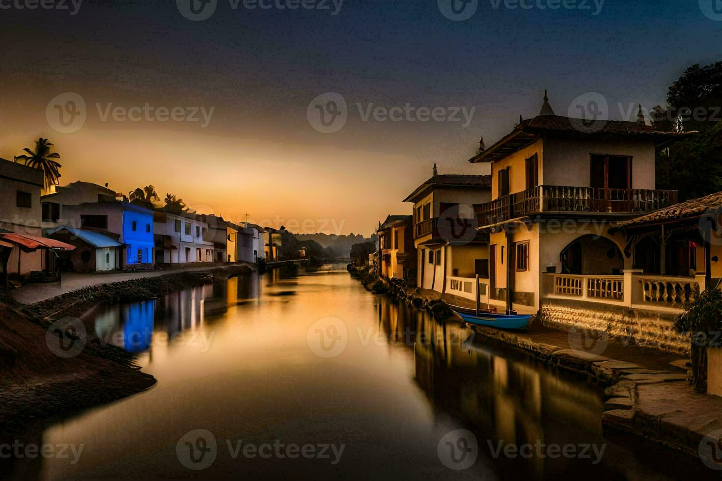 a canal in the middle of a town at sunset. AI-Generated photo