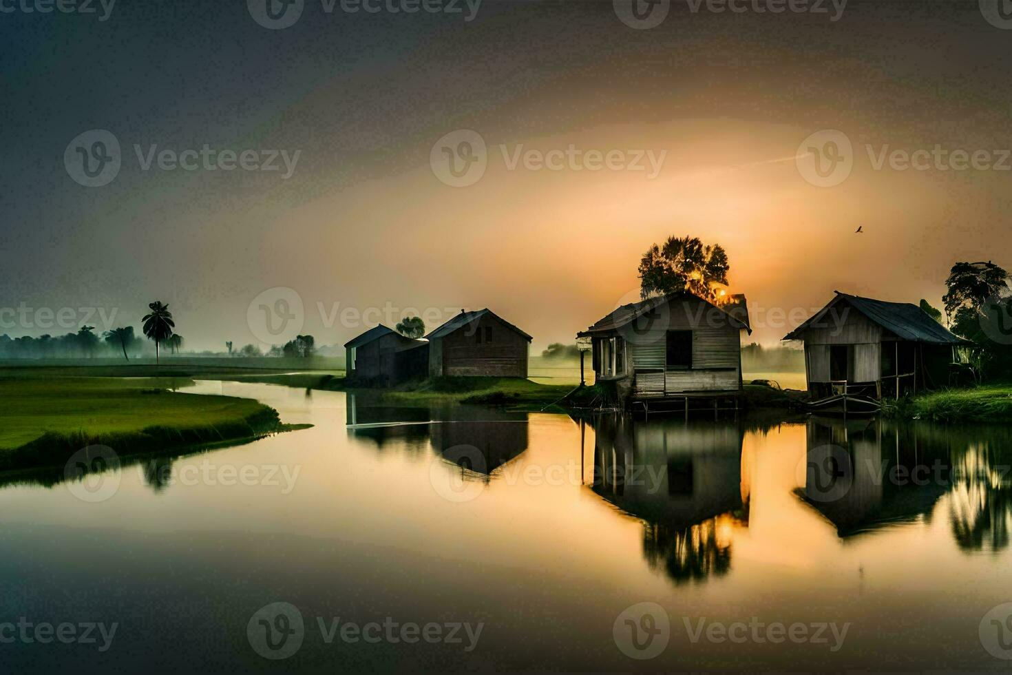 el Dom sube terminado un pequeño pueblo en el medio de un río. generado por ai foto