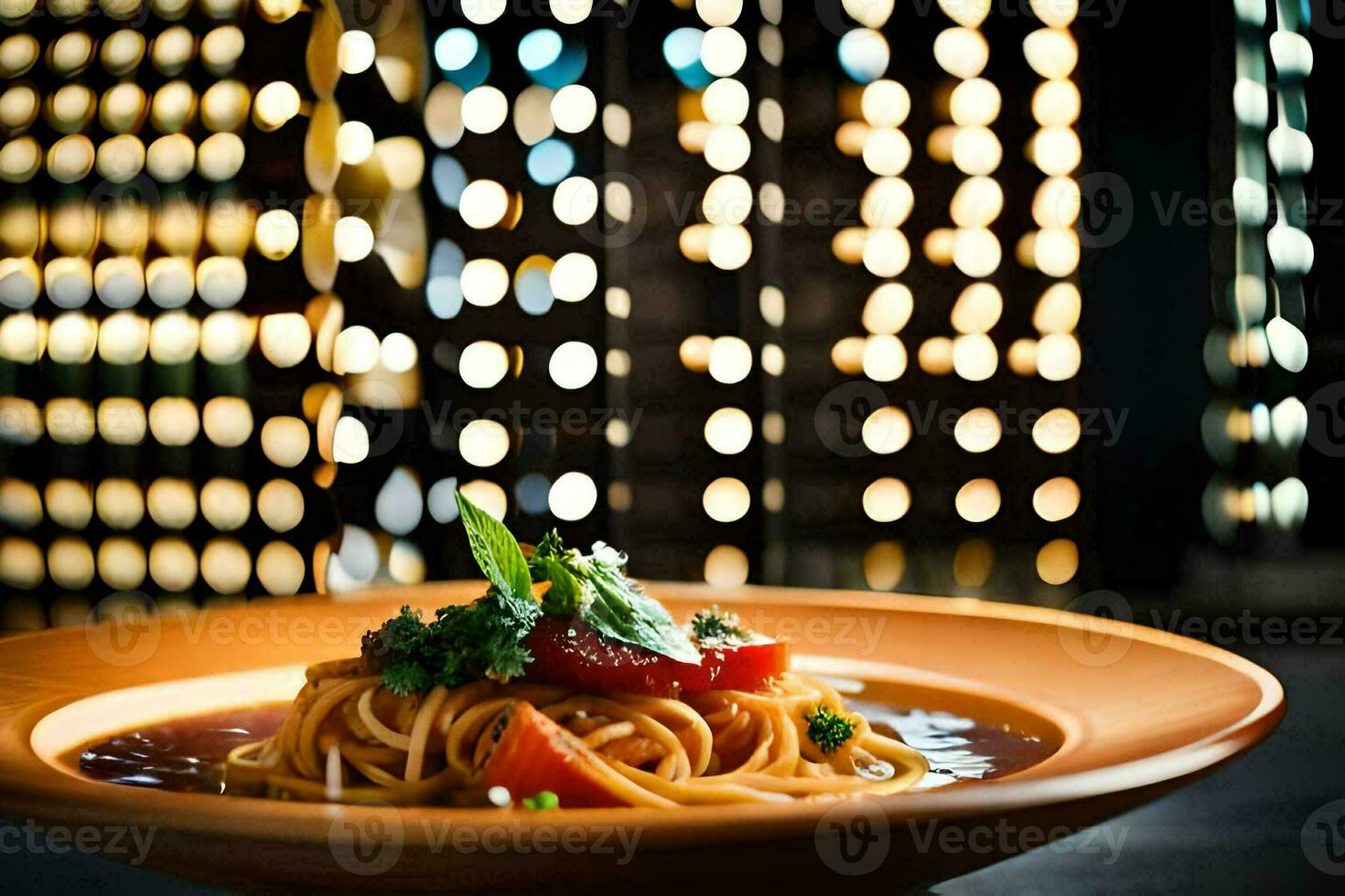 a plate of pasta with tomato and basil in a restaurant in the city. AI-Generated photo