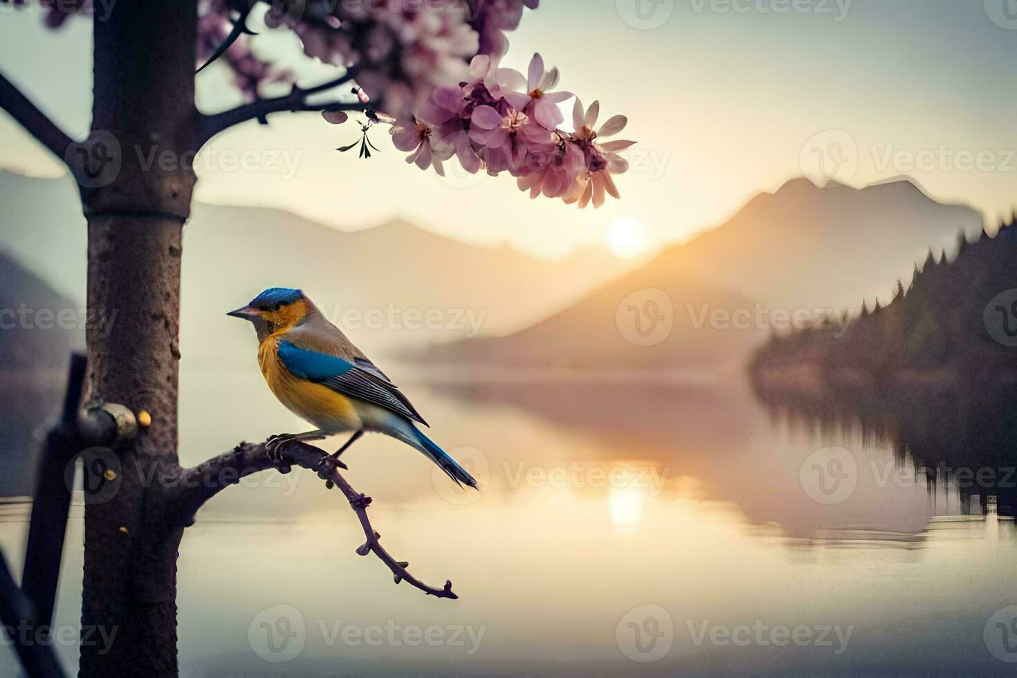 photo wallpaper the sky, bird, lake, mountains, sunset, bird, bird, bird,. AI-Generated