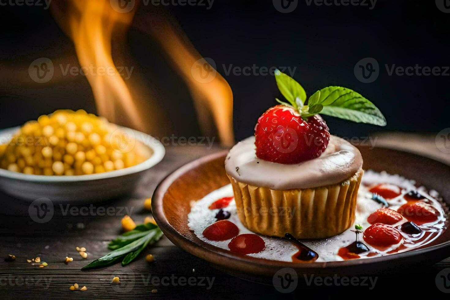 un magdalena con fresas y un salsa en un de madera mesa. generado por ai foto