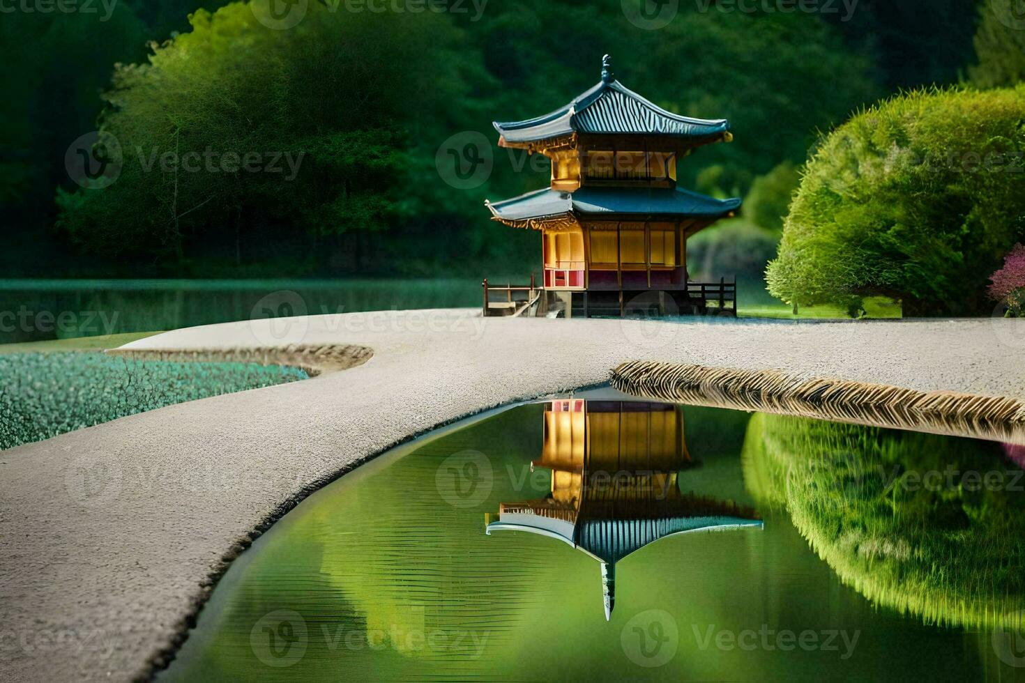 a pagoda sits on the edge of a lake. AI-Generated photo