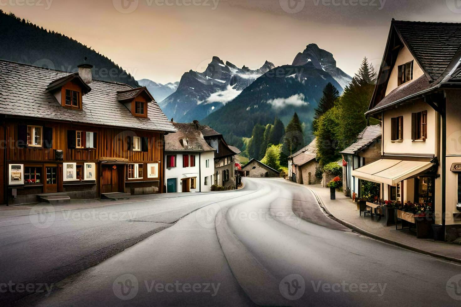 a street in the mountains with houses and mountains in the background. AI-Generated photo