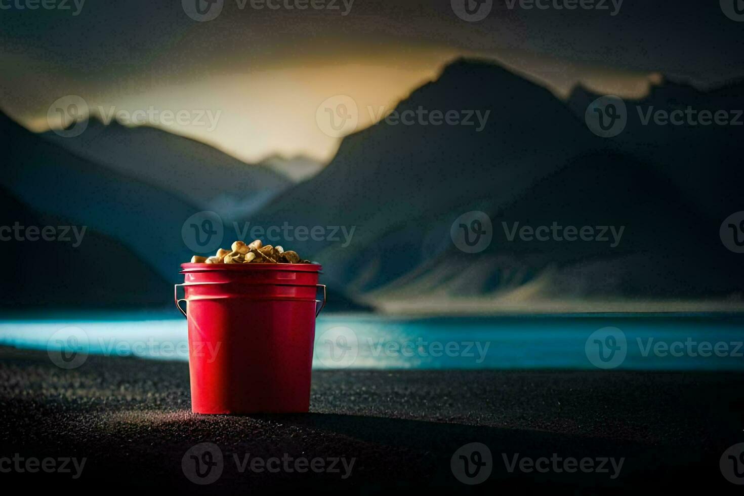 a bucket of food sits on the ground near a lake. AI-Generated photo
