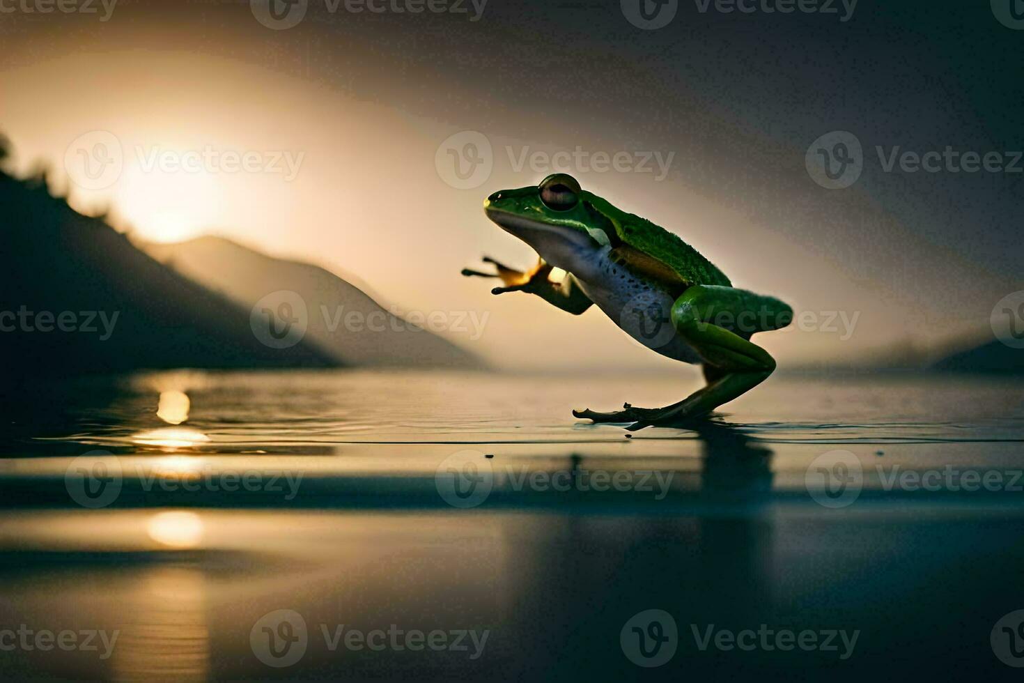 a frog jumping into the water at sunset. AI-Generated photo