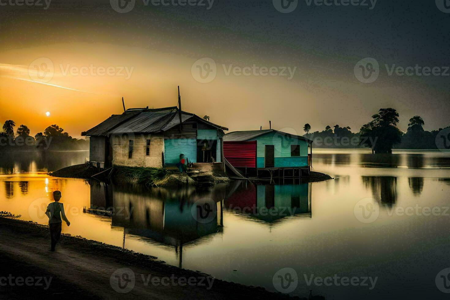 a boy walks past a house on a small island in the water. AI-Generated photo