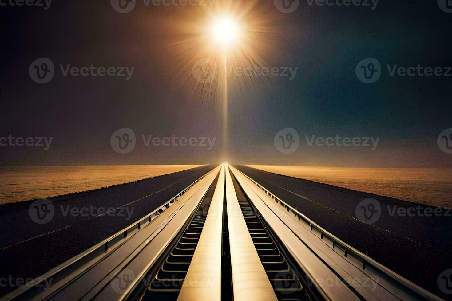 a long train track with a bright light shining above it. AI-Generated photo