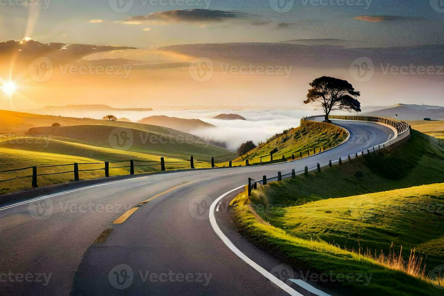 a scenic road with a tree in the middle of the road. AI-Generated photo