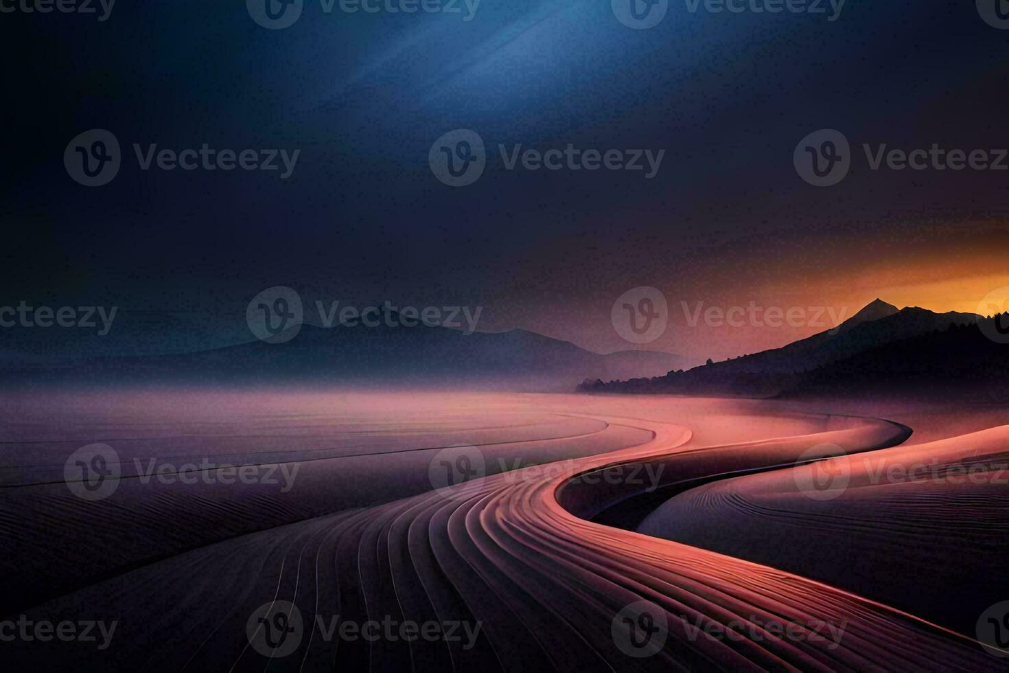 a long line of sand in the desert at sunset. AI-Generated photo