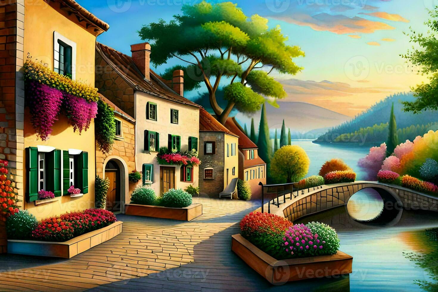 a painting of a village with flowers and a bridge. AI-Generated photo