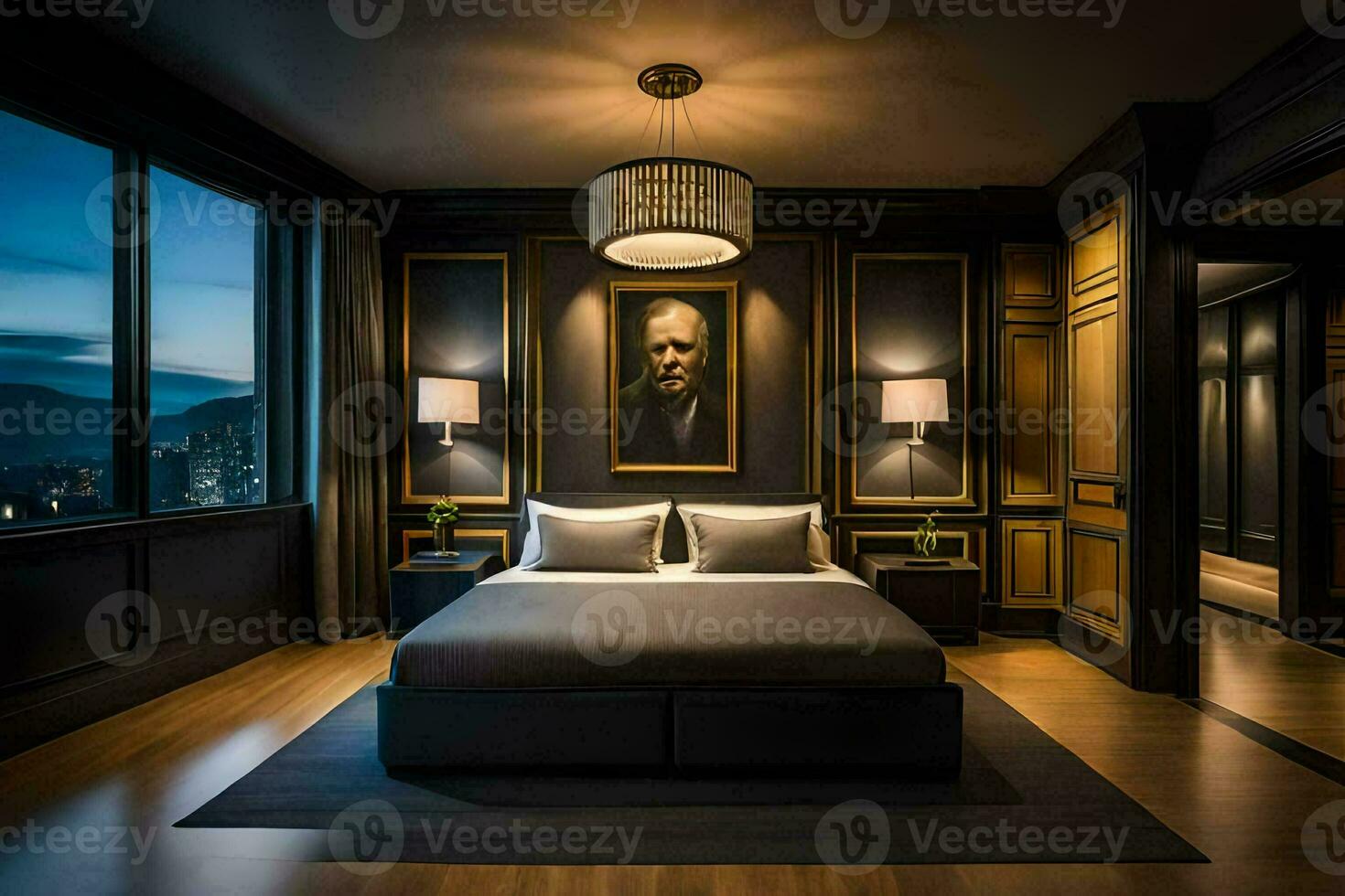 a bedroom with a large bed and a painting on the wall. AI-Generated photo