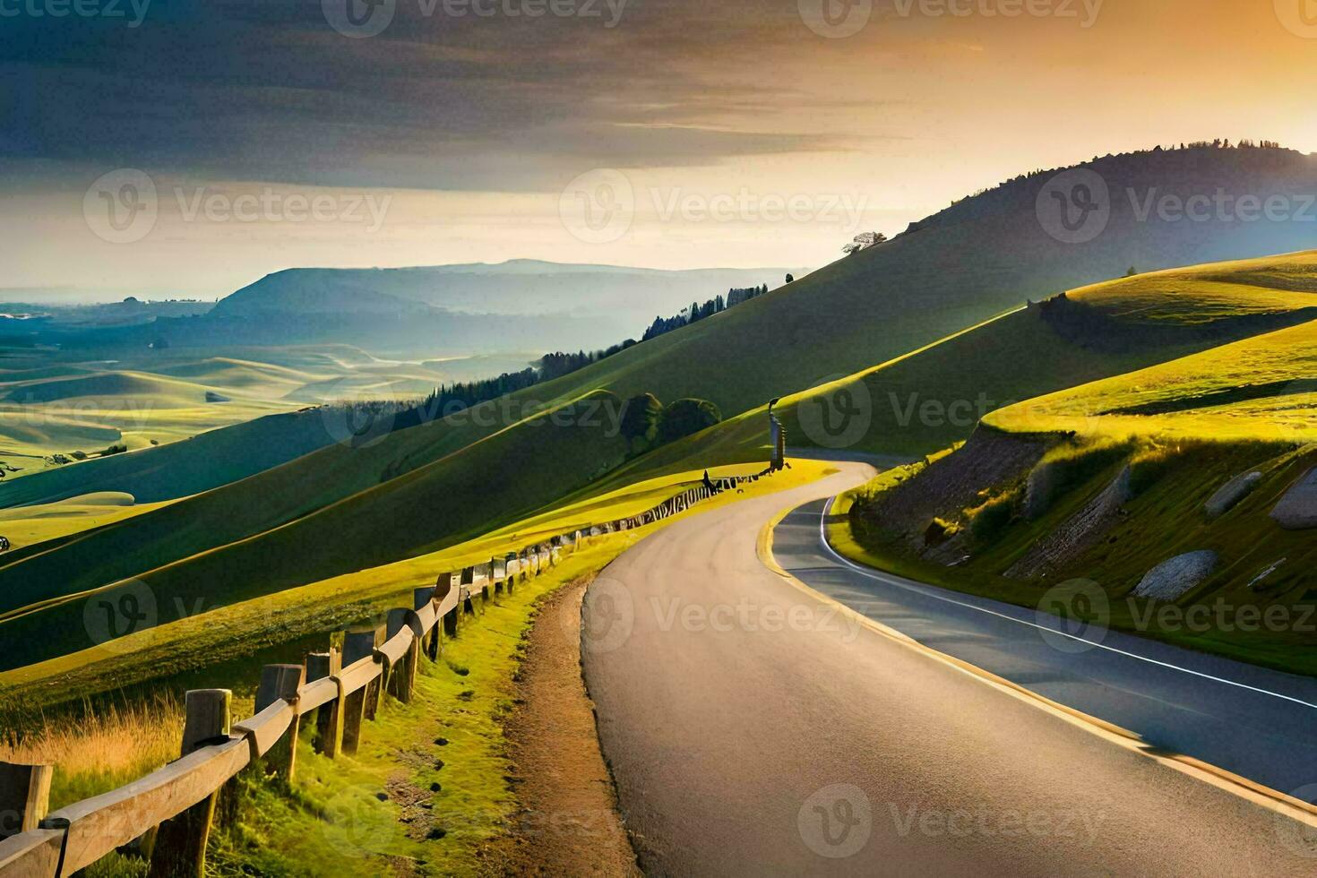 a scenic road winding through the hills. AI-Generated photo