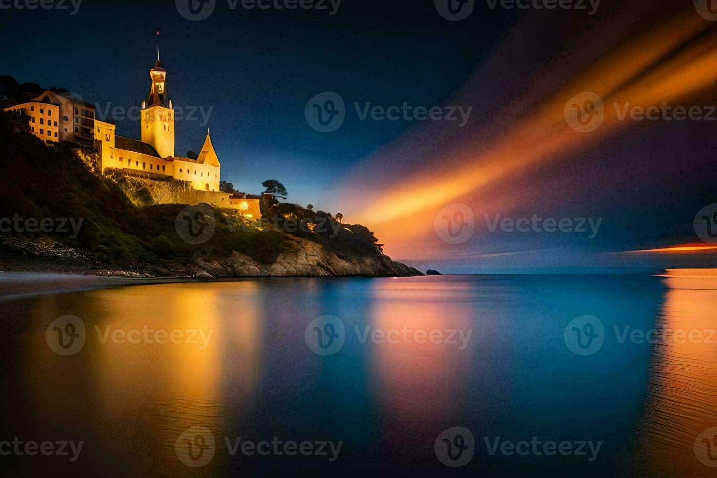 un castillo se sienta en el apuntalar de un cuerpo de agua a noche. generado por ai foto