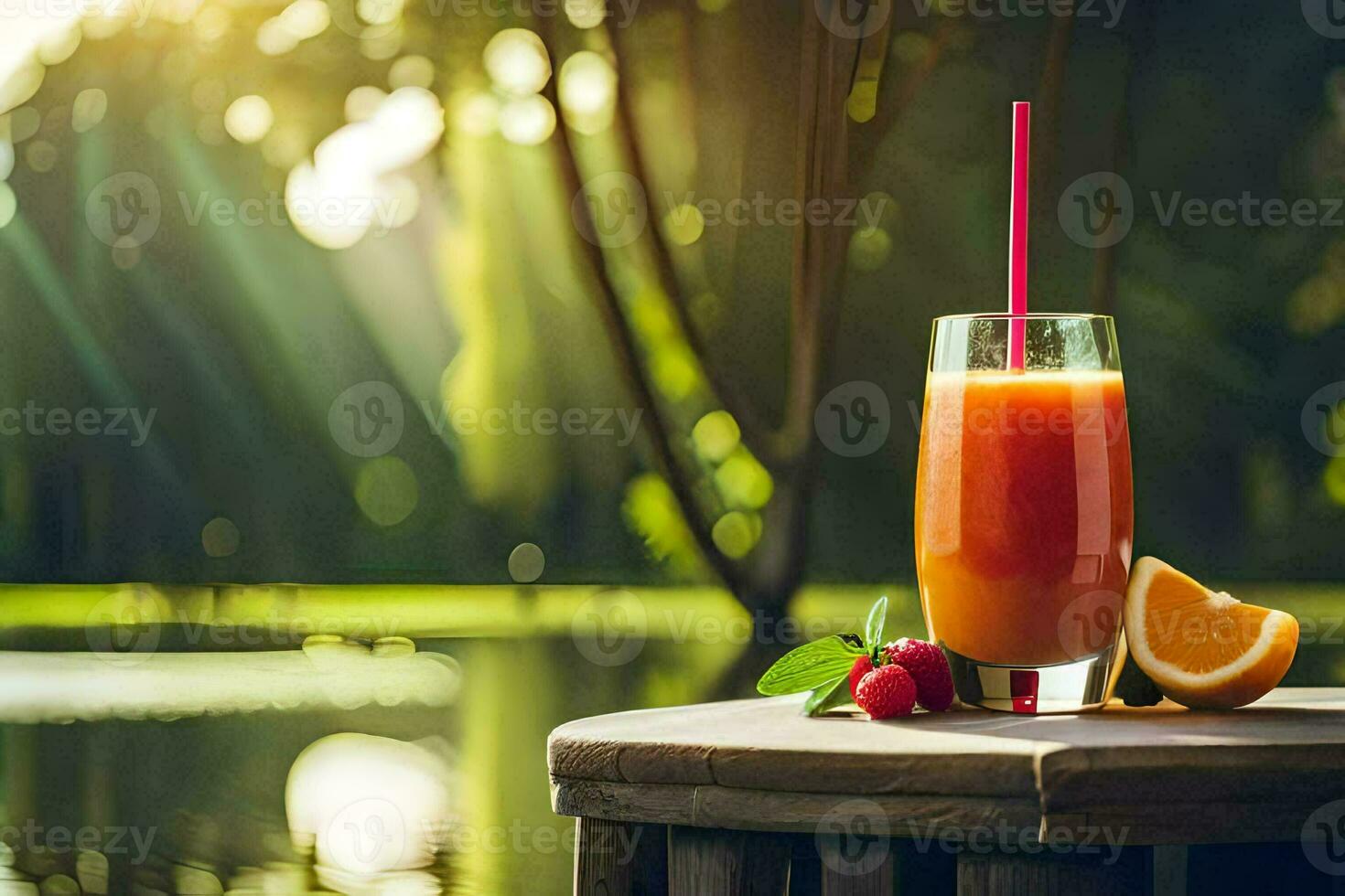 un vaso de naranja jugo con un Paja sentado en un de madera mesa. generado por ai foto