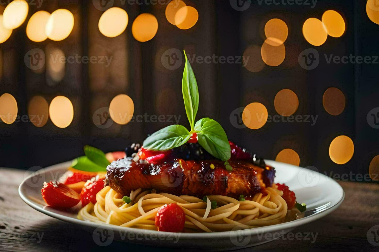 a plate of spaghetti with meat and tomatoes. AI-Generated photo