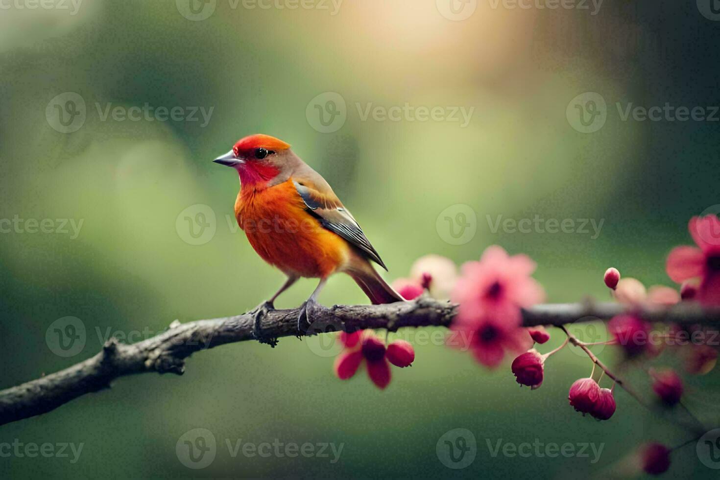 a red bird sitting on a branch with pink flowers. AI-Generated photo