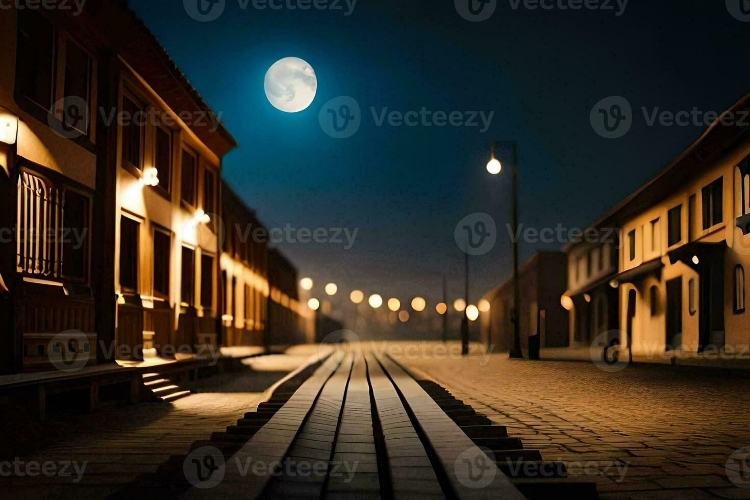 a street at night with a full moon. AI-Generated photo