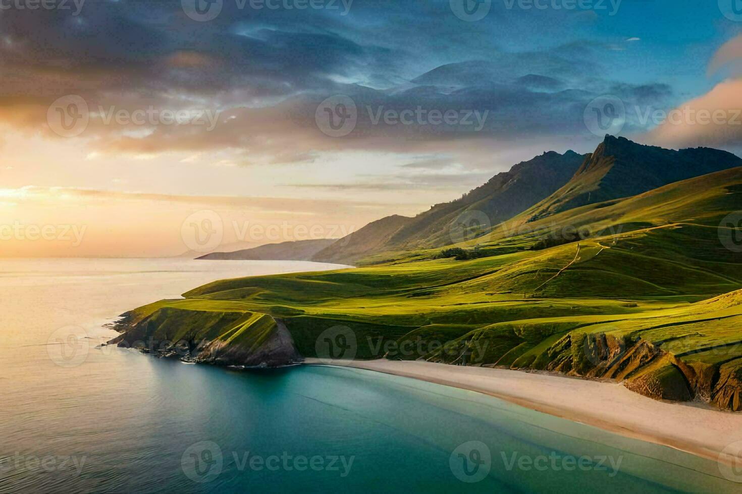 a beautiful beach and mountains at sunset. AI-Generated photo