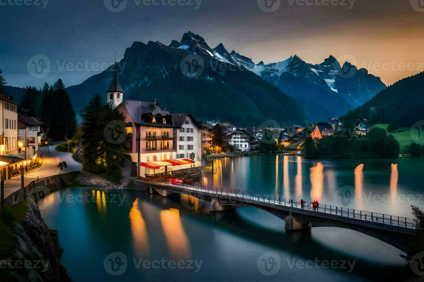 a beautiful town in the mountains at dusk. AI-Generated photo