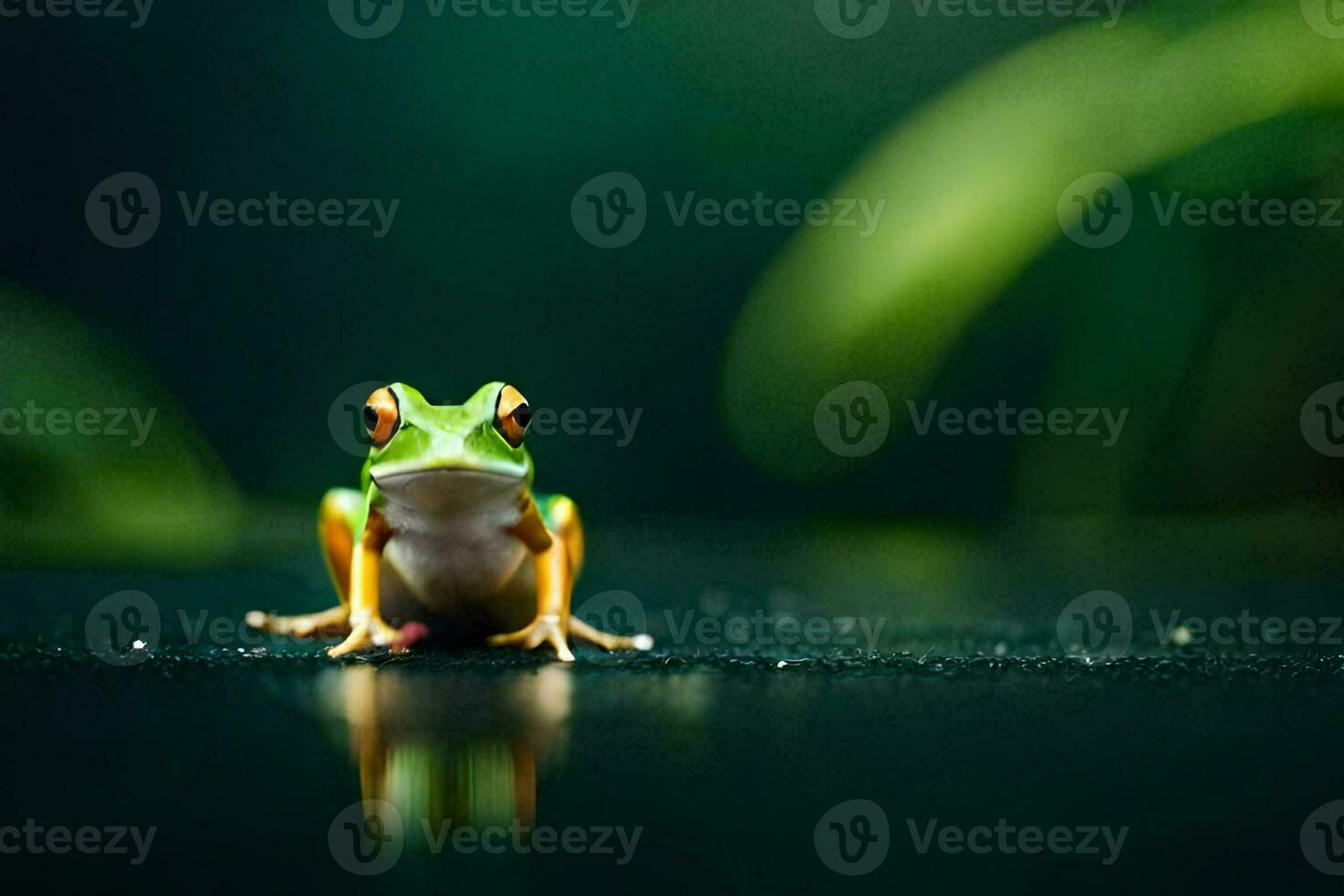 a frog sitting on a dark surface with green leaves. AI-Generated photo