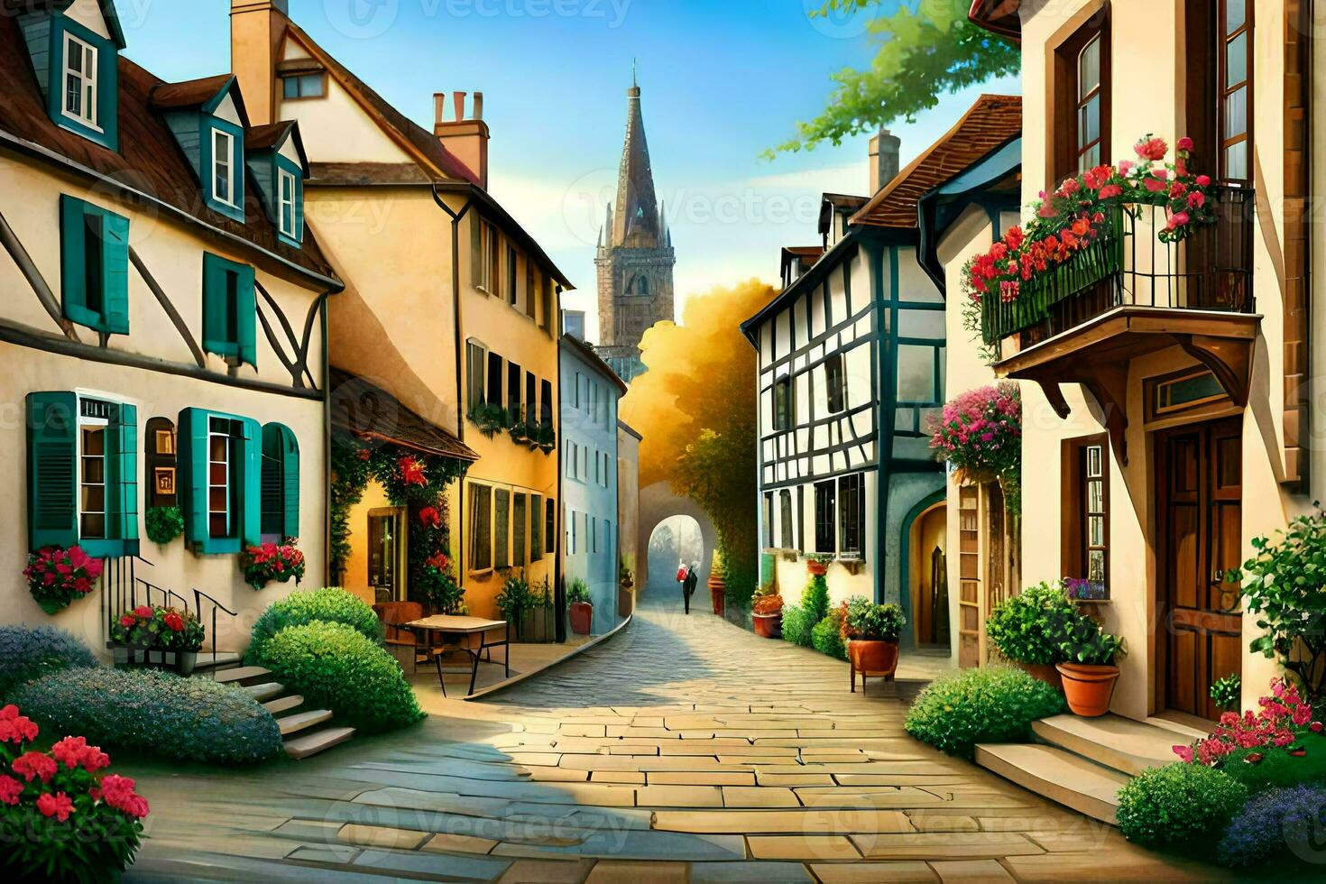 a painting of a street in europe. AI-Generated photo