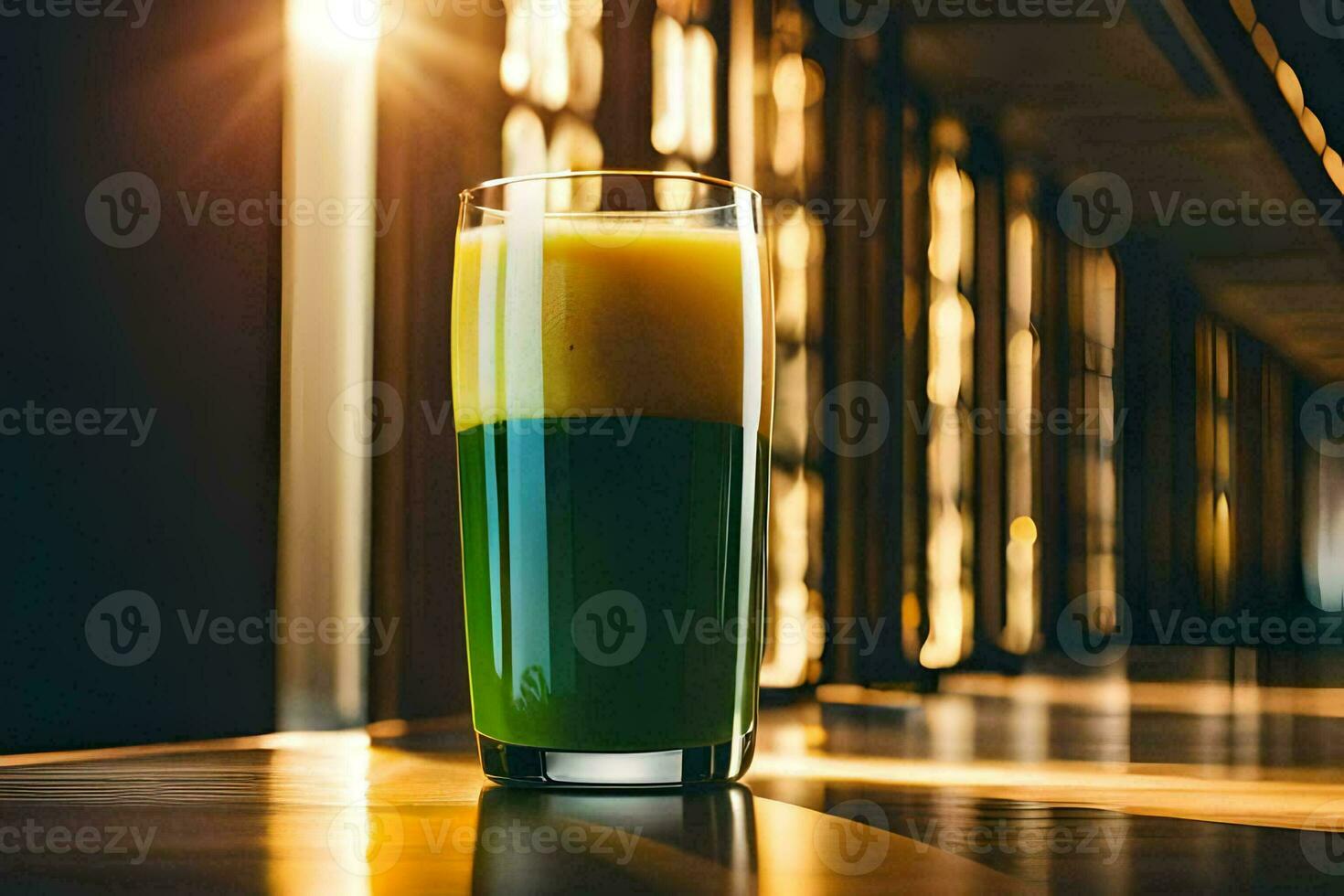 a glass of green juice sitting on a table. AI-Generated photo