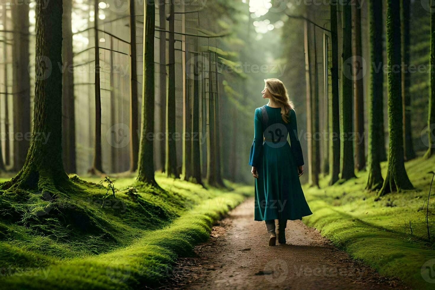 a woman in a blue dress walking through a forest. AI-Generated photo