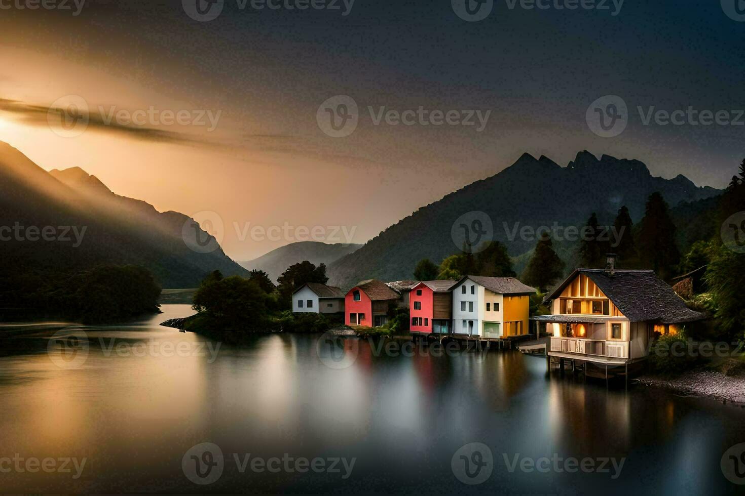 colorful houses on the shore of a lake at sunset. AI-Generated photo
