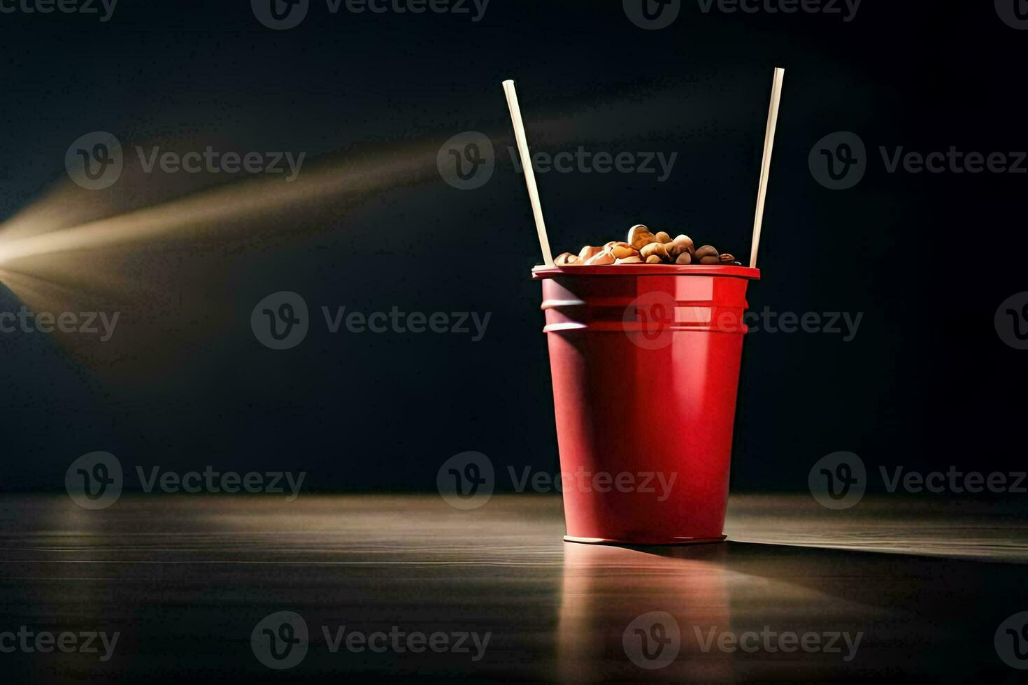 a red cup with a bowl of popcorn and a light shining on it. AI-Generated photo