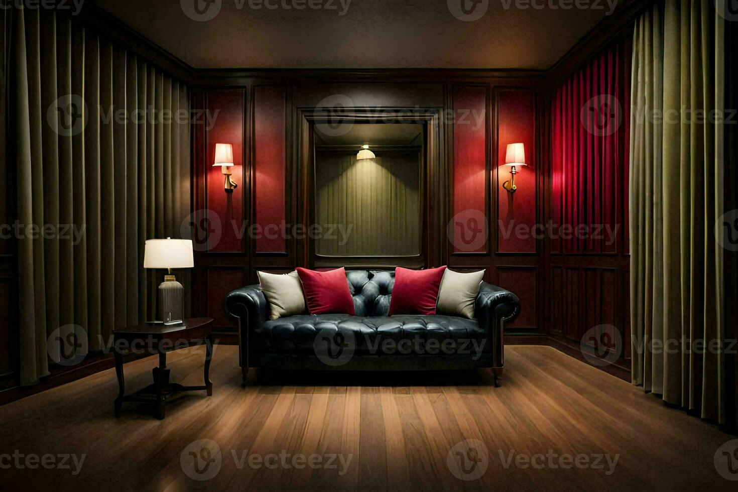 a room with a leather couch and red walls. AI-Generated photo