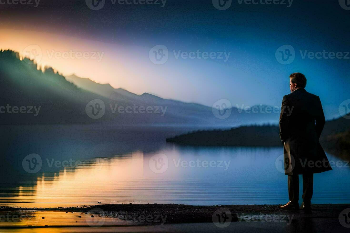 a man standing on the shore of a lake at sunset. AI-Generated photo