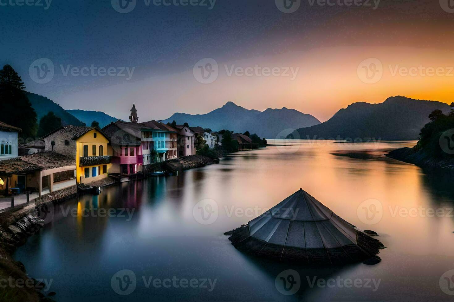 un lago y casas en el montañas a puesta de sol. generado por ai foto