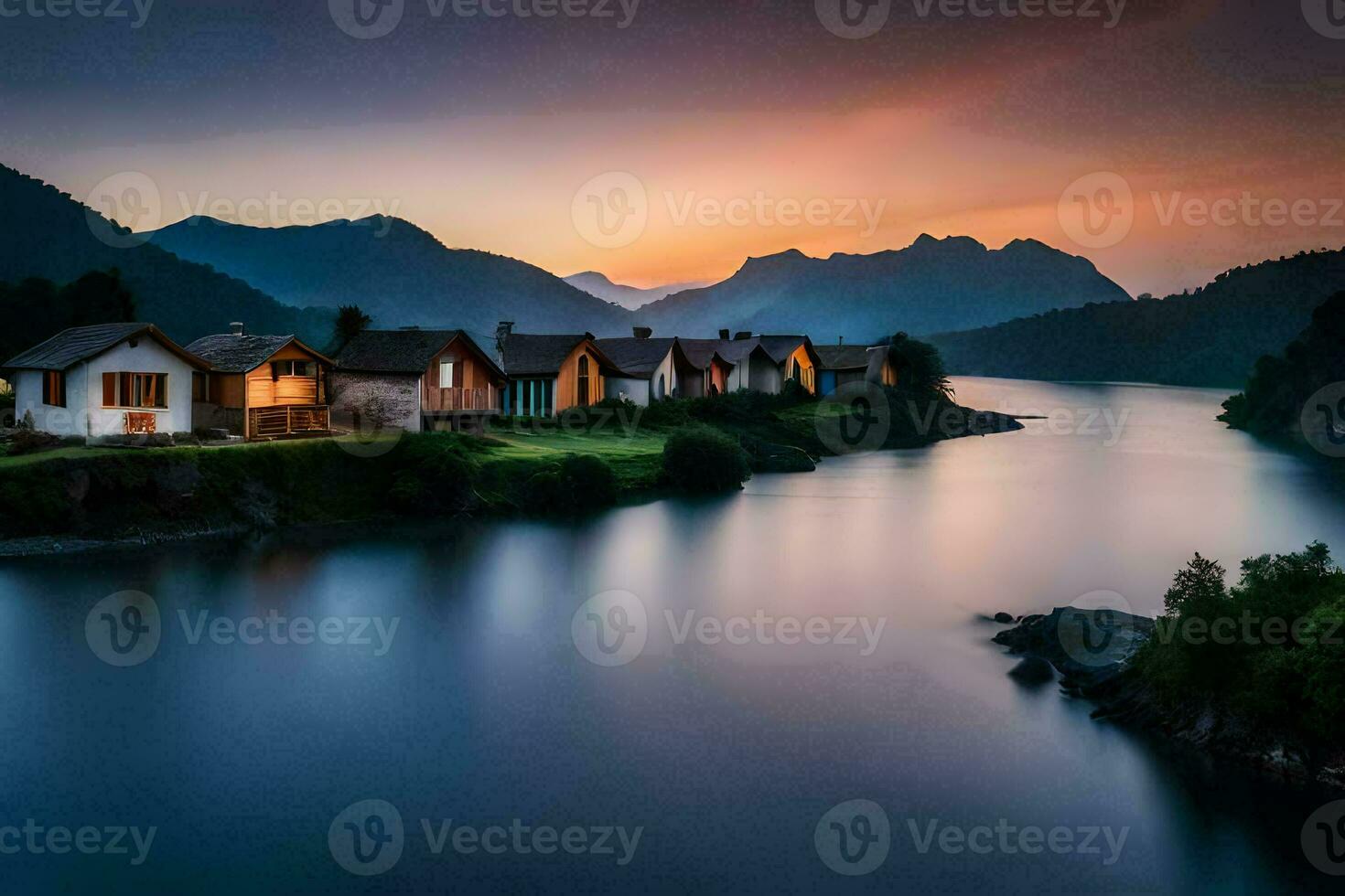 photo wallpaper the sky, mountains, water, house, the lake, the mountains, the lake. AI-Generated