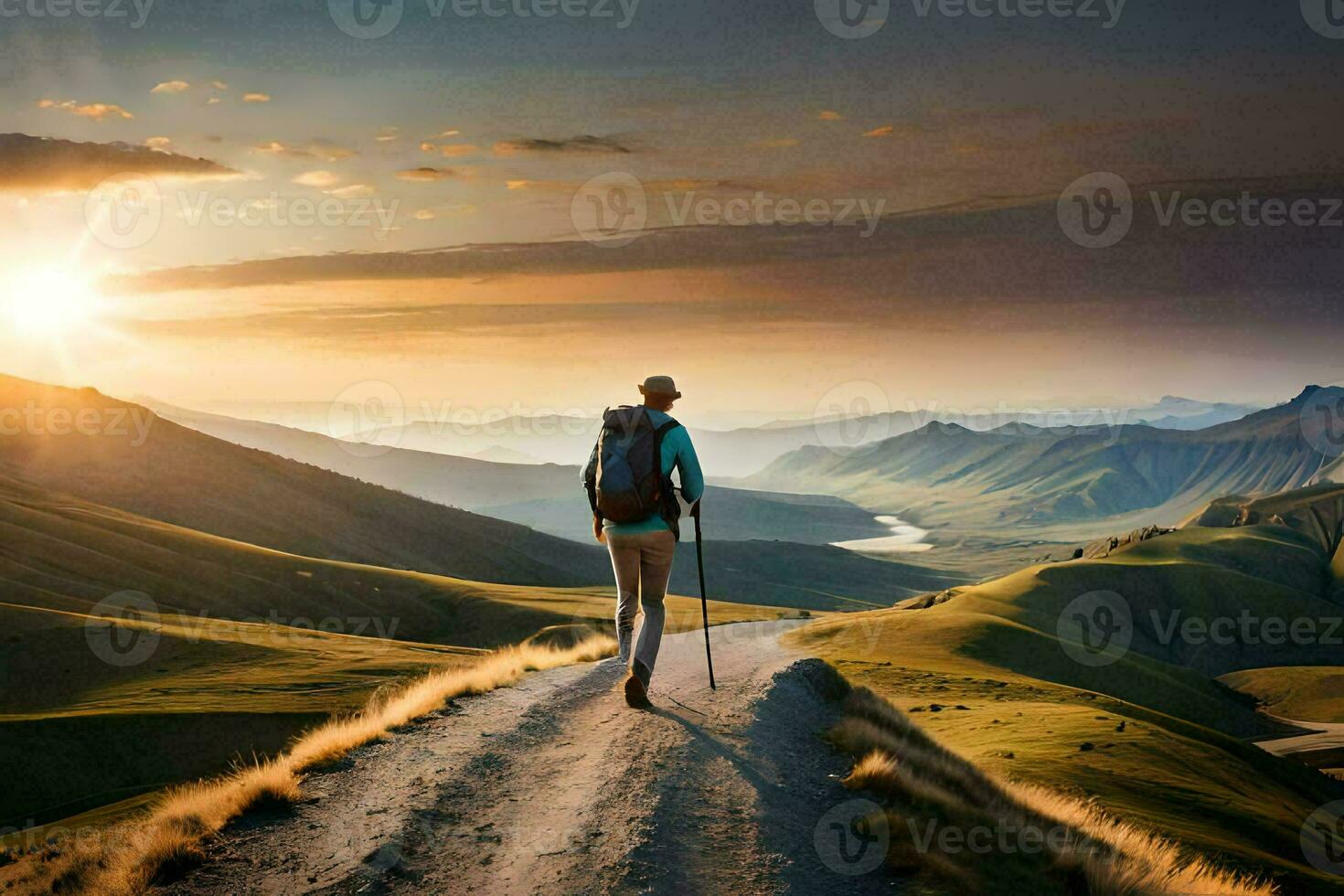 a person with a backpack walking on a dirt road in the mountains. AI-Generated photo