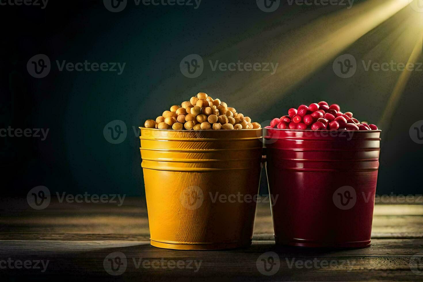 two red and yellow containers with beans and beans. AI-Generated photo