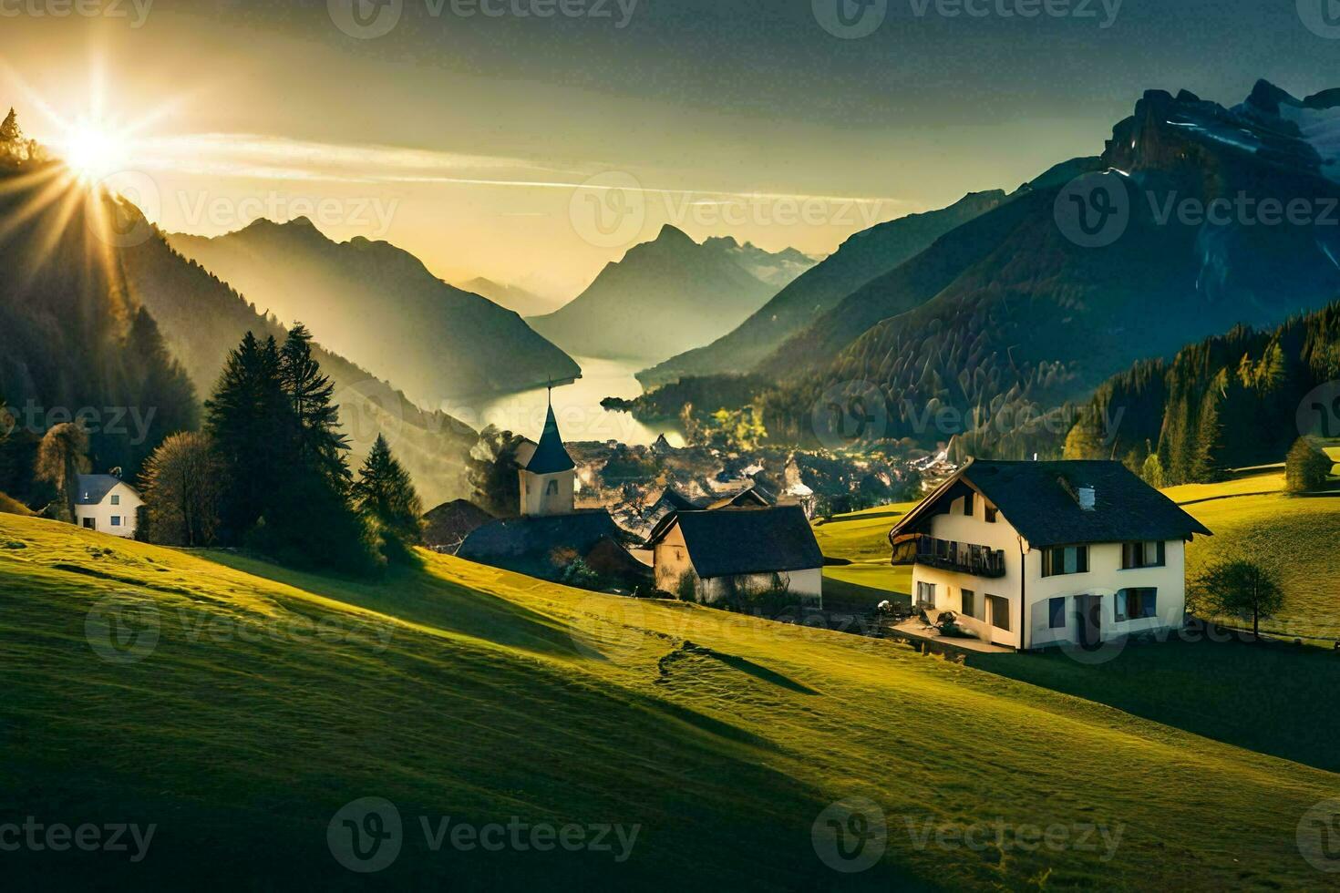 the sun shines over a village in the mountains. AI-Generated photo