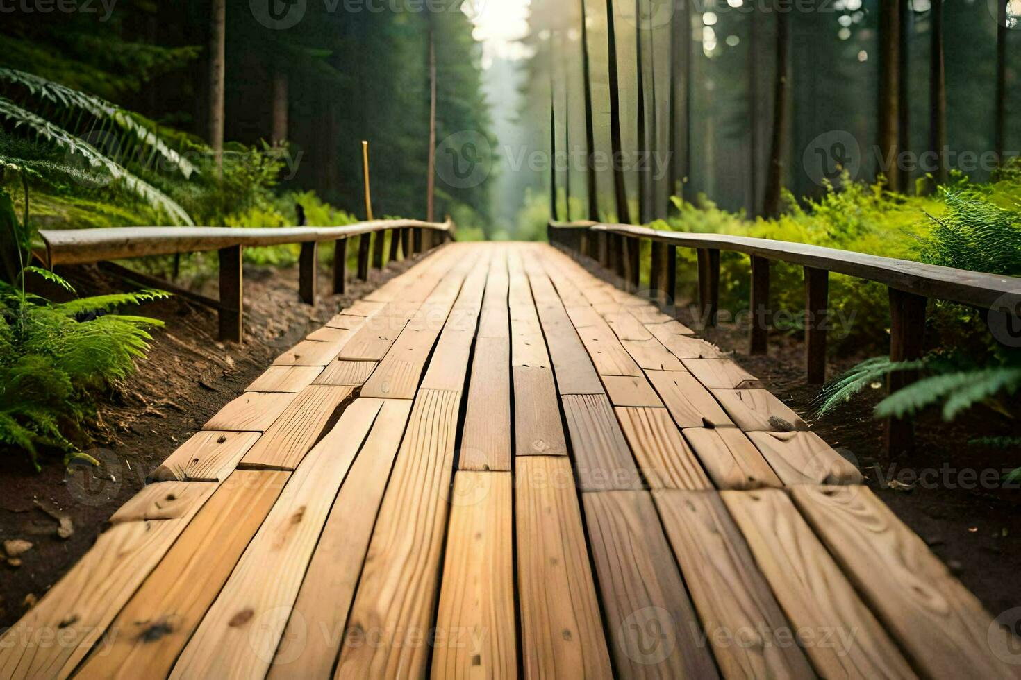 a wooden walkway in the middle of a forest. AI-Generated photo