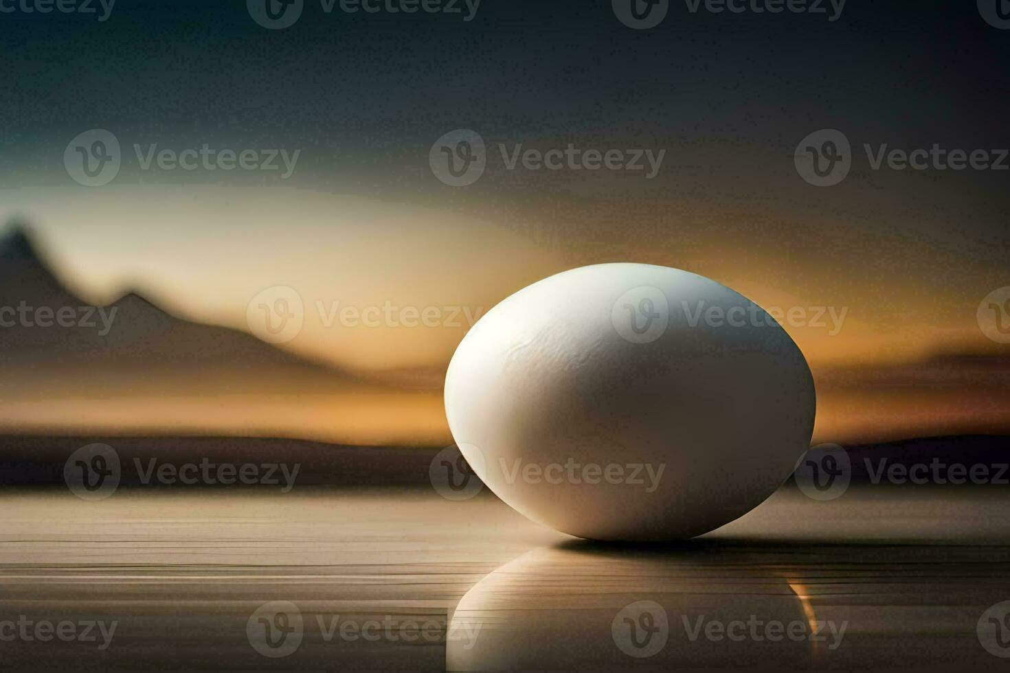 a white ball sits on a table in front of a mountain. AI-Generated photo