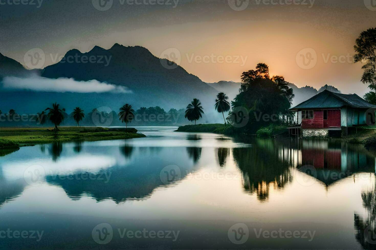 a house sits on the edge of a river with mountains in the background. AI-Generated photo