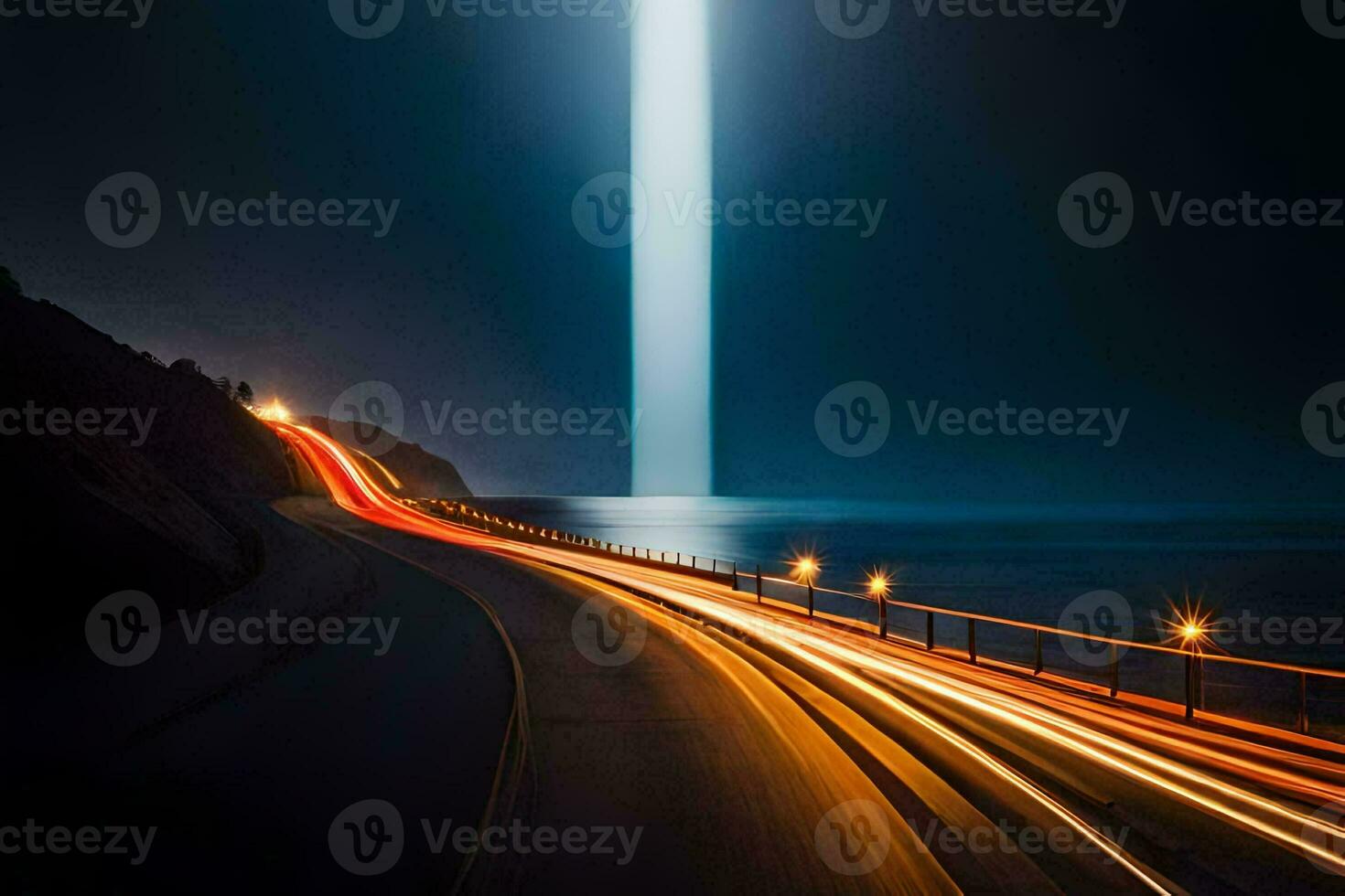 a long light beam is shining on the road. AI-Generated photo