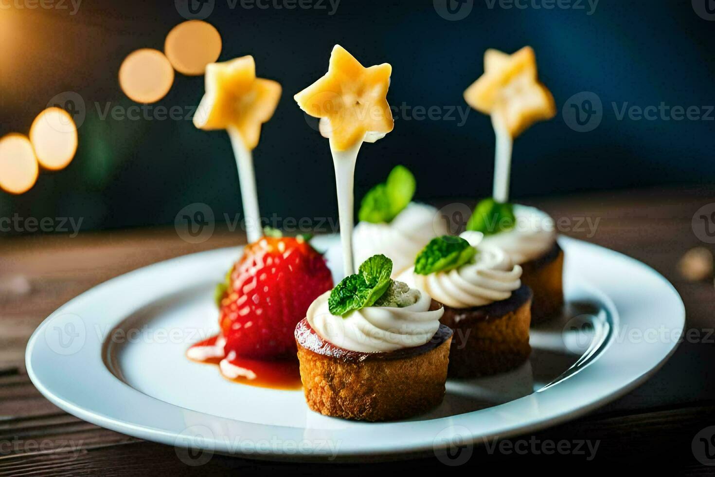 pequeño postres en un plato con estrellas. generado por ai foto