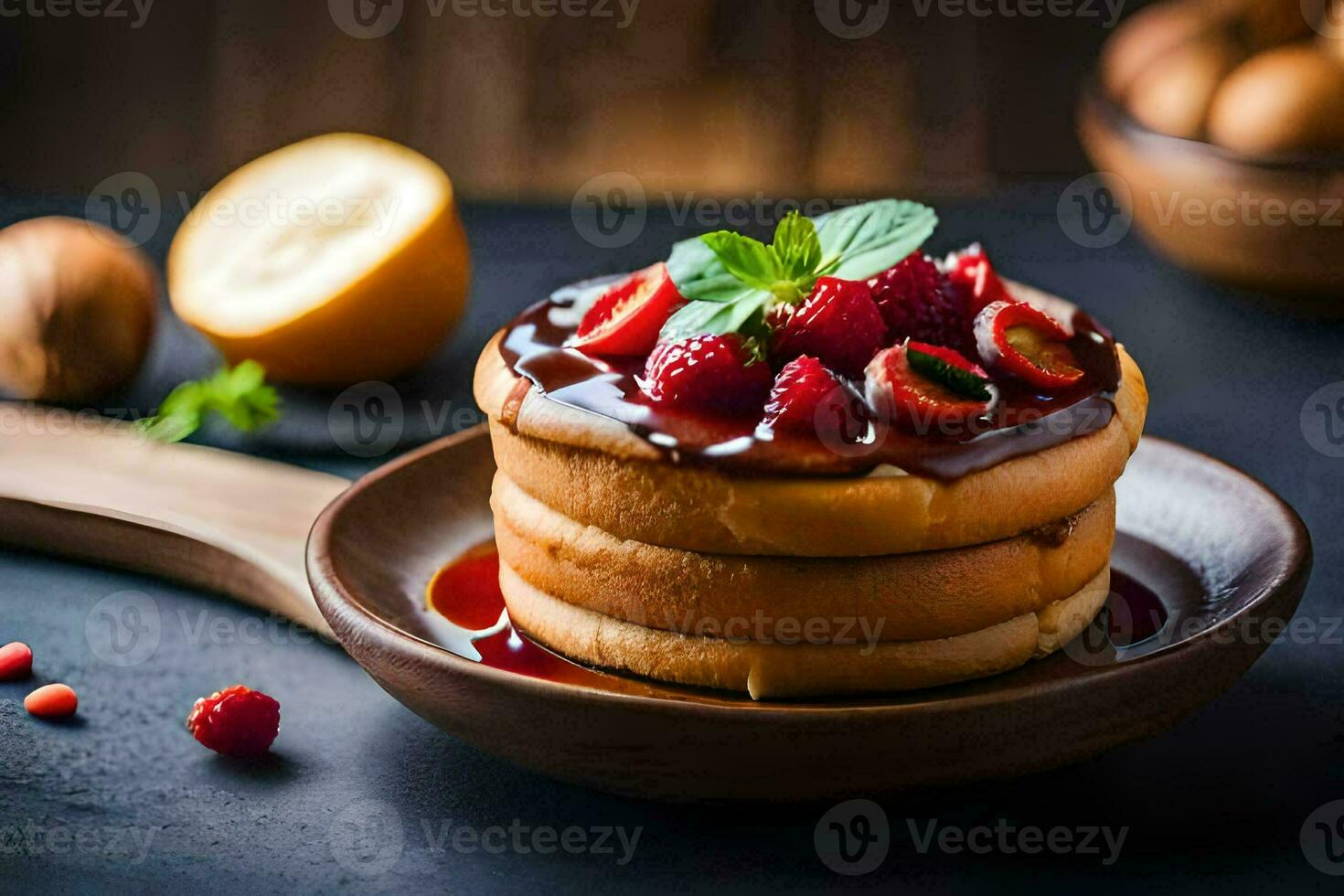 stack of pancakes with berries and syrup. AI-Generated photo